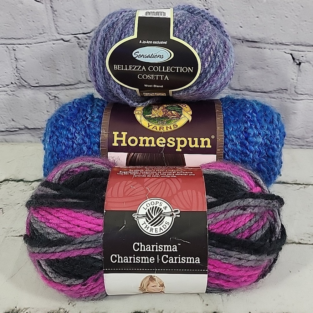 Bulky Chunky Yarn Lot Of 3 Skiens Blue Purple Hot Pink Black Knit Crochet Crafts
